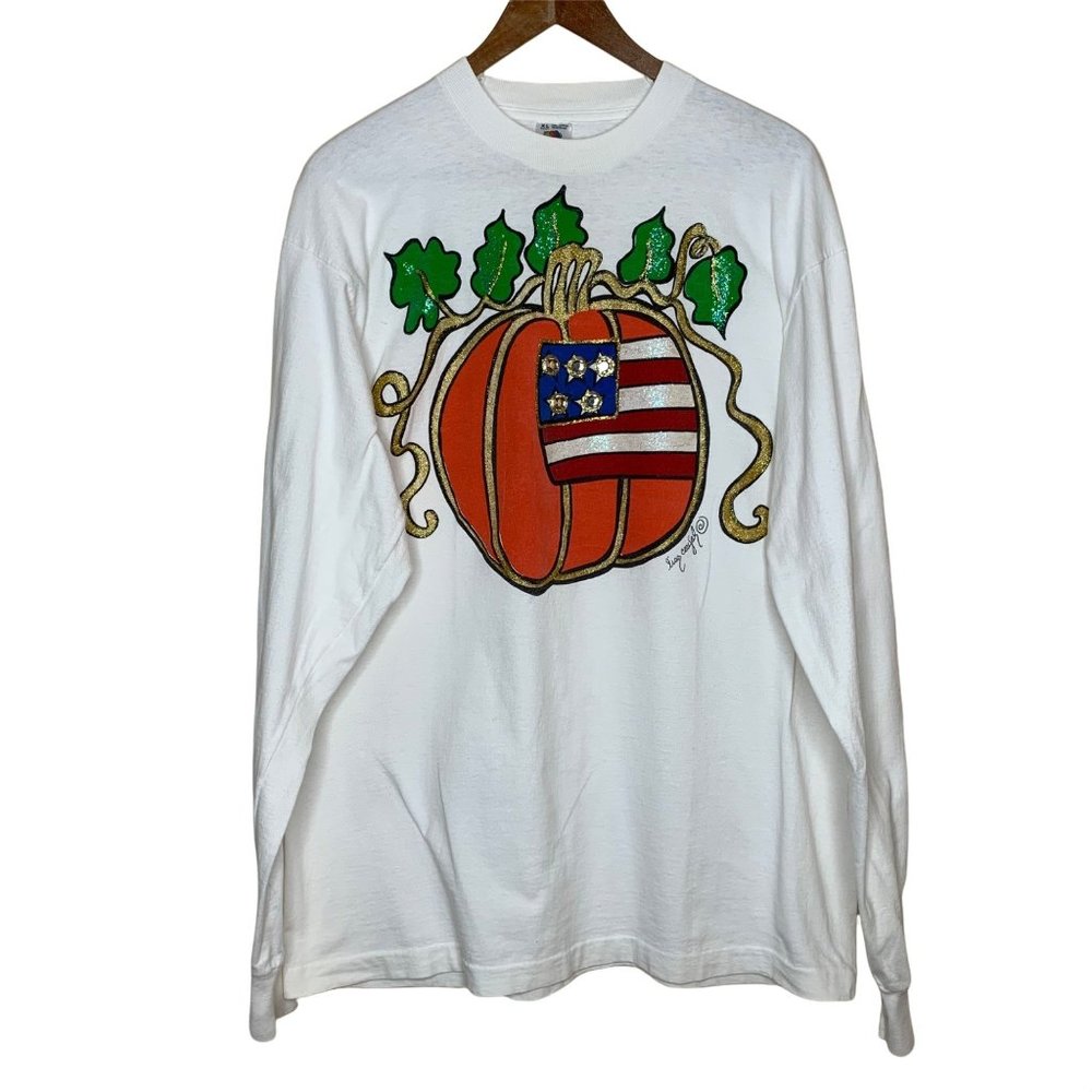 Vintage Lisa Coufal 1990 Tee Shirt Glitter Puffy Paint Jewel Pumpkin USA Flag XL